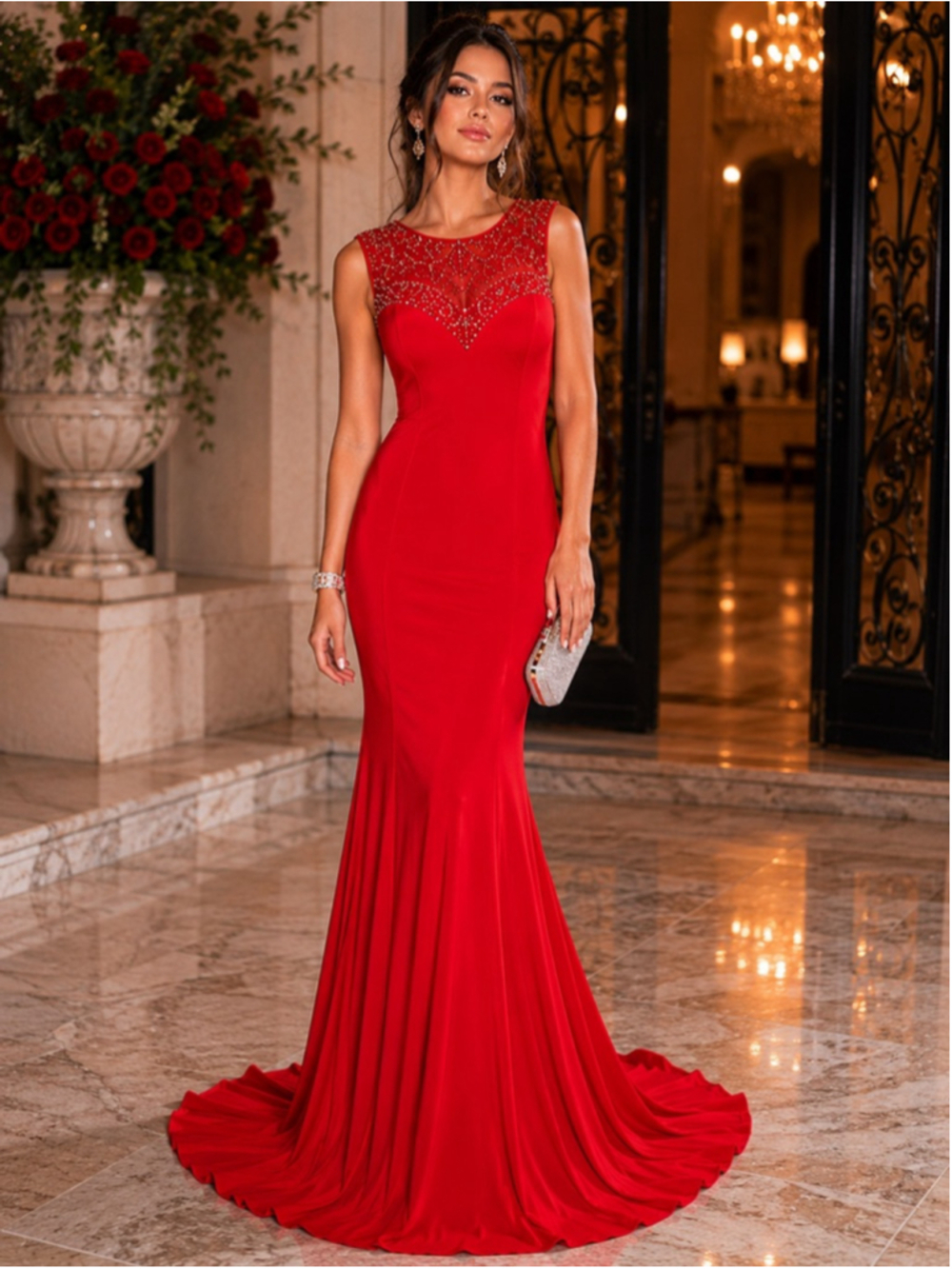 Cachet Womens 8 Y2K Beaded Mermaid Gown Red McBling Prom Embellished Formal Maxi